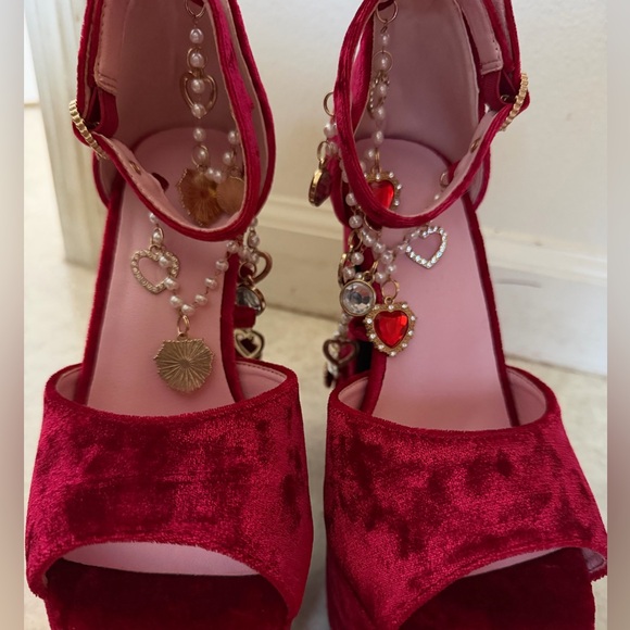 Dolls Kill Red Velvet Platform Heels with Charm Accents - Women's - Picture 3 of 4